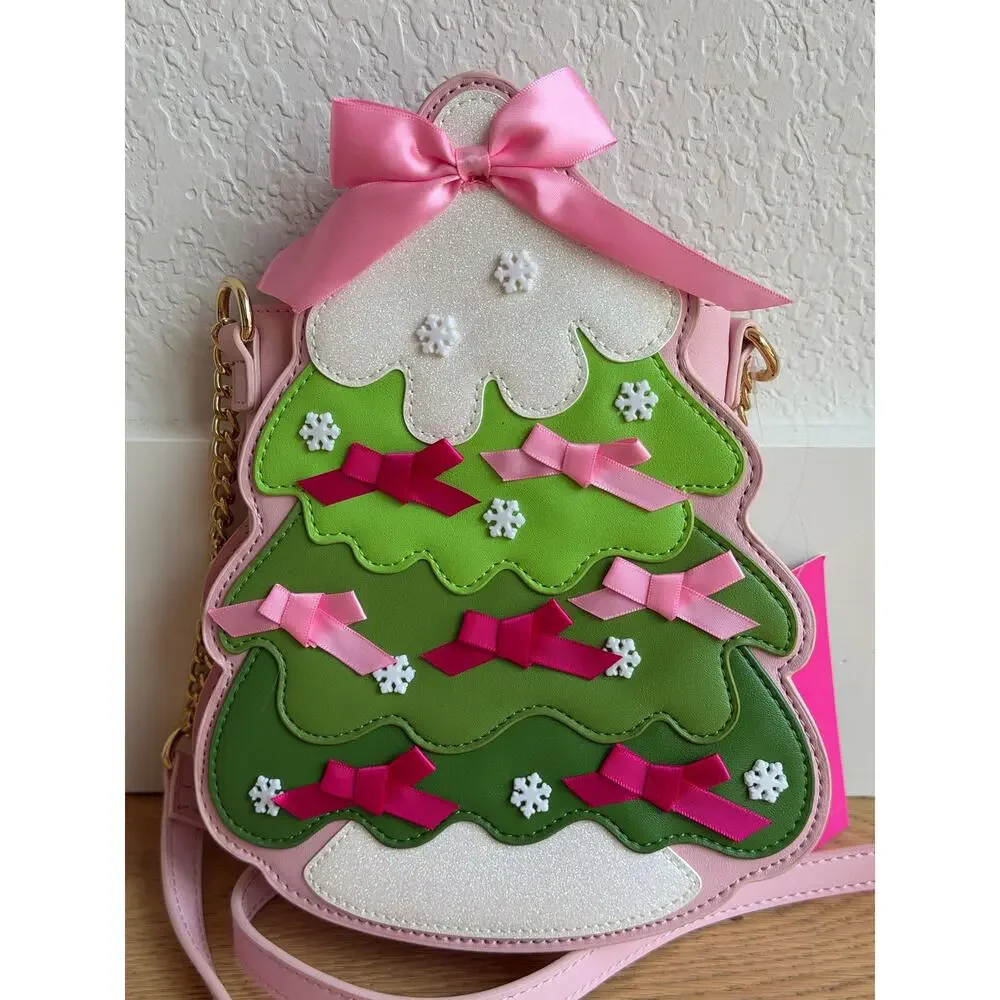 Betsey Johnson XOMERRY Christmas Tree Crossbody Purse Pink Green NWT